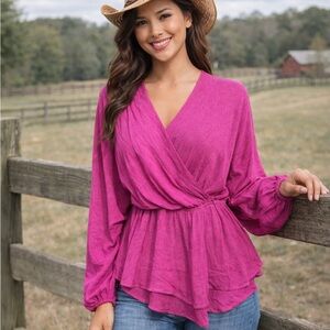Andree Faux Wrap Peplum Peasant Top Medium Berry Lagenlook Coastal Cowgirl